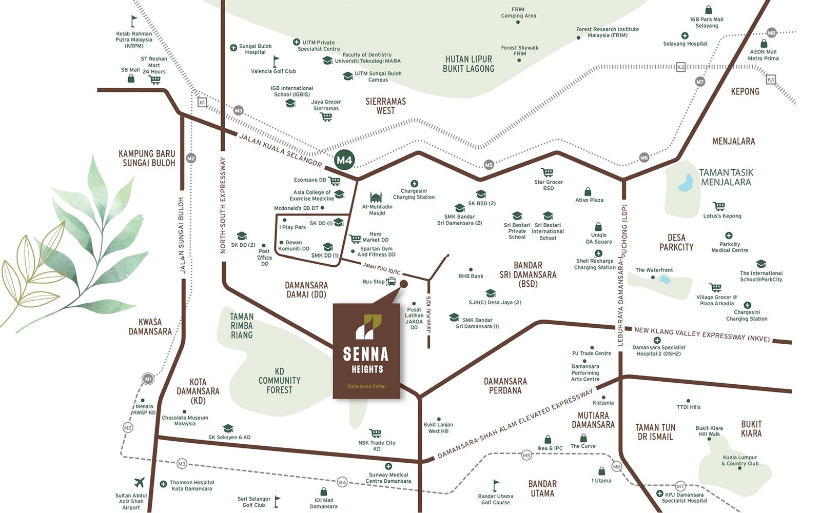 Location map showing Senna Heights within Damansara Damai and surrounding destinations