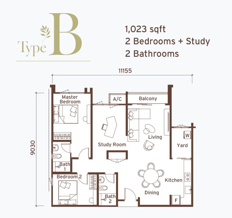 Type B 1,023 sq ft floor plan