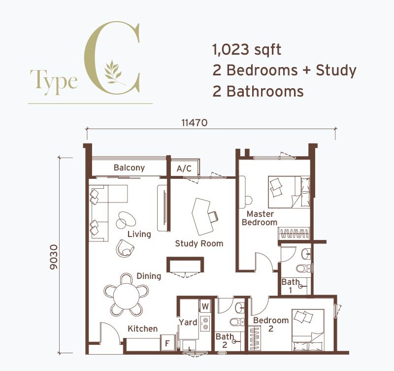 Type C 1,023 sq ft floor plan