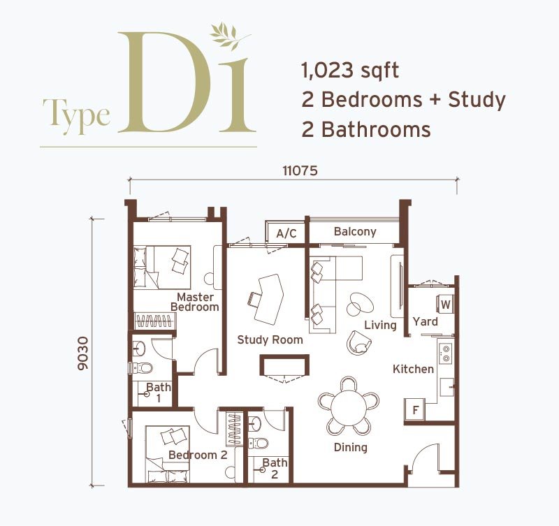 Type D1 1,023 sq ft floor plan